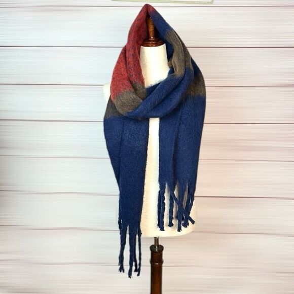 NWT Frye and Co. Chunky Fringed Scarf Oversized Blue Taupe Red - Picture 5 of 10